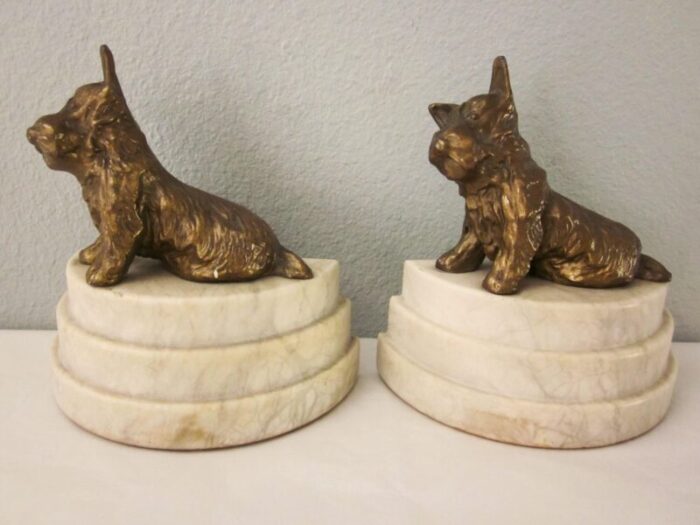 1920s art deco scottish terriers book ends on marble stepped demi lune plinth a pair 7739