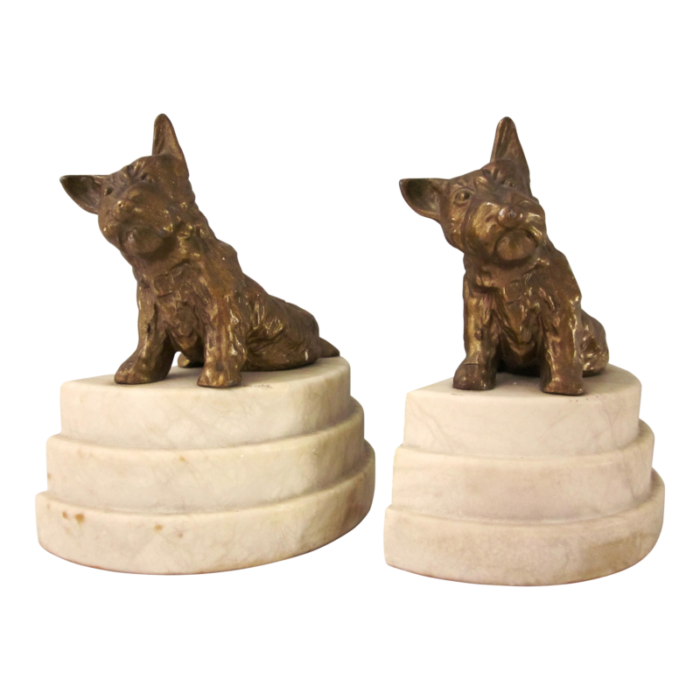 1920s art deco scottish terriers book ends on marble stepped demi lune plinth a pair 8458