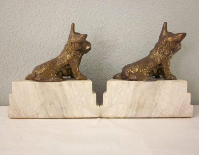 1920s art deco scottish terriers book ends on marble stepped demi lune plinth a pair 8654