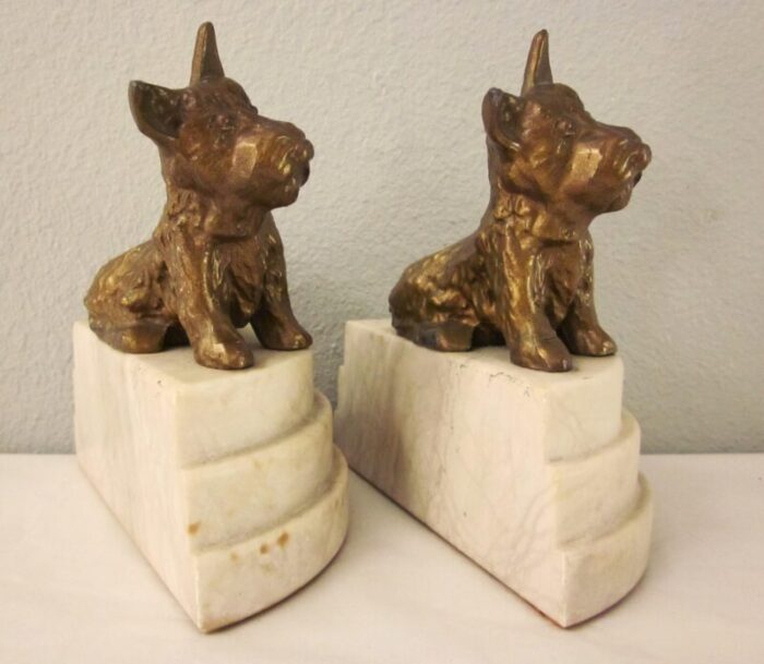 1920s art deco scottish terriers book ends on marble stepped demi lune plinth a pair 9715