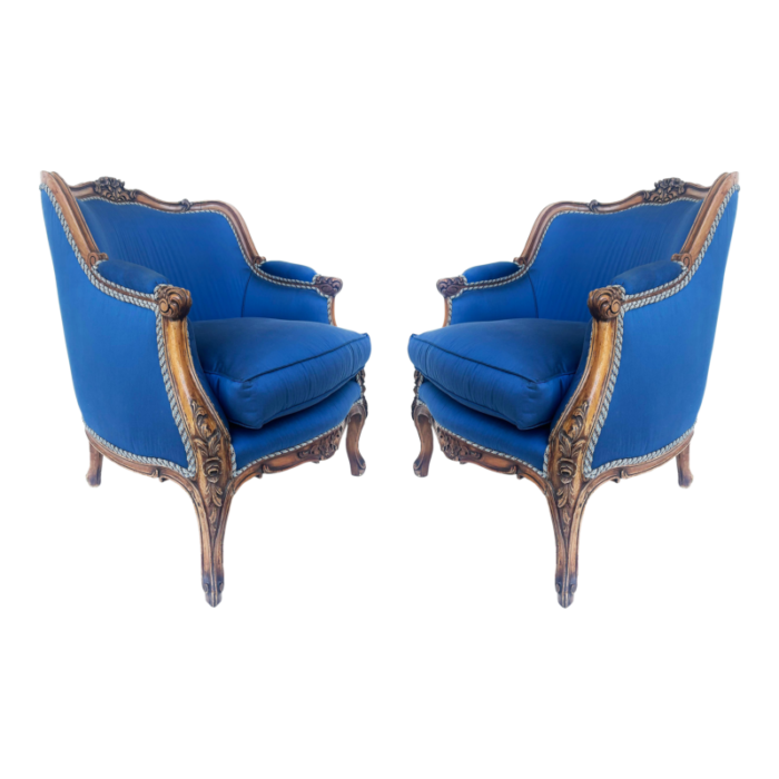 1920s carved walnut french bergeres armchairs upholstered in silk a pair 8897