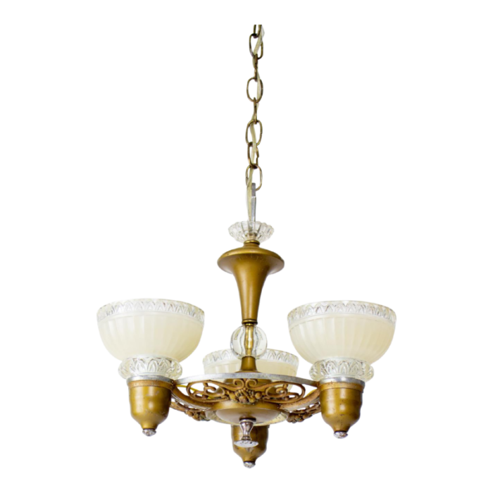 1930s art deco chandelier with cream and clear glass shades 0099