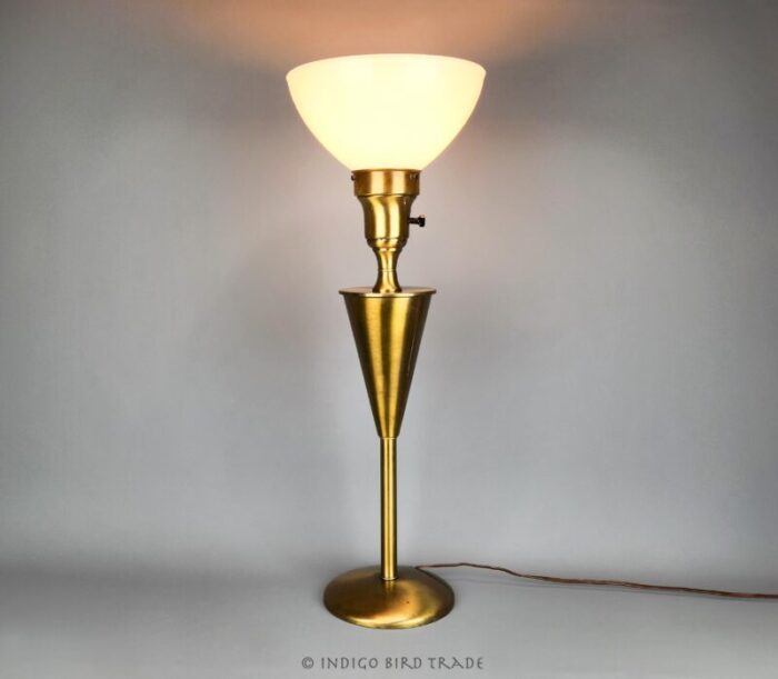 1950s art deco gold torchier floor lamp milk glass shade 1028