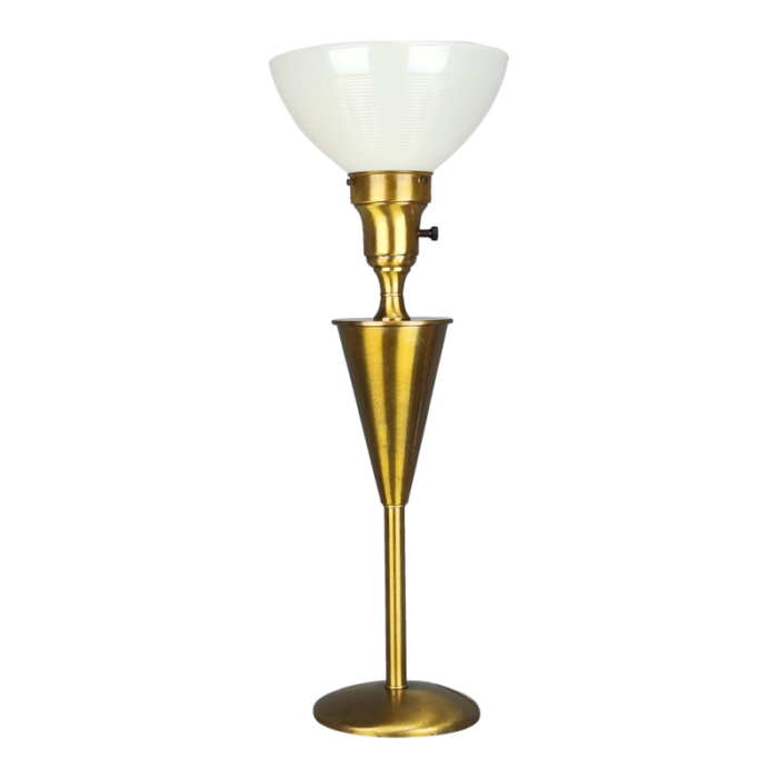 1950s art deco gold torchier floor lamp milk glass shade 2354