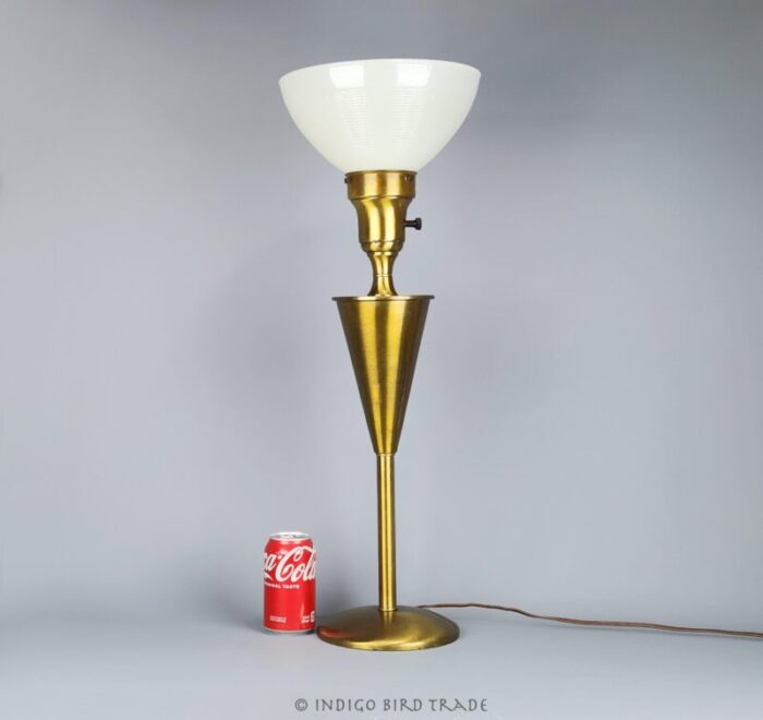 1950s art deco gold torchier floor lamp milk glass shade 9271