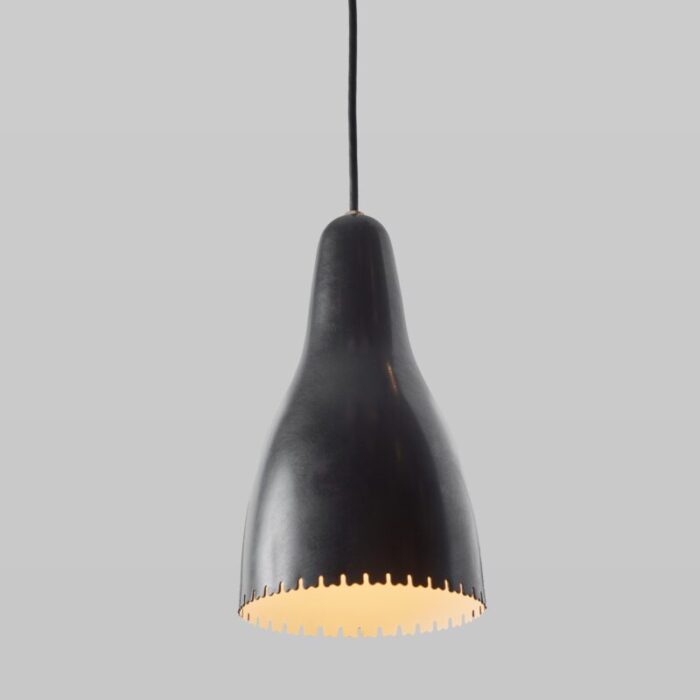 1950s bent karlby black painted metal and brass pendant lamp for lyfa 8052