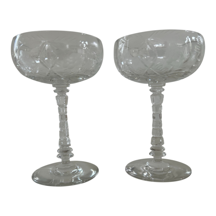 1950s cut crystal clear floral etched champagne glasses set of 2 6159