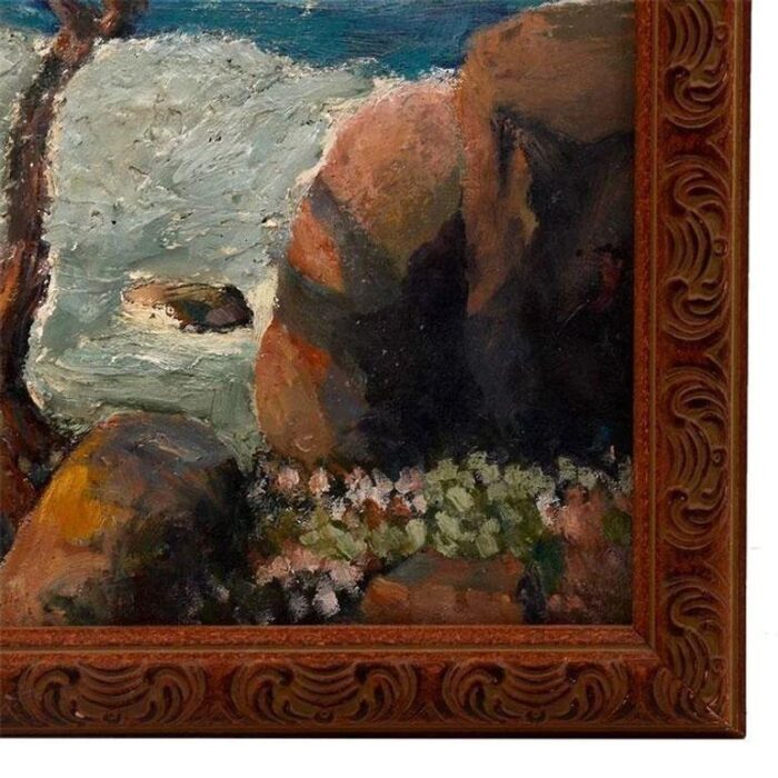 1950s s c yuan oil painting on board seascape with cypress framed 0947