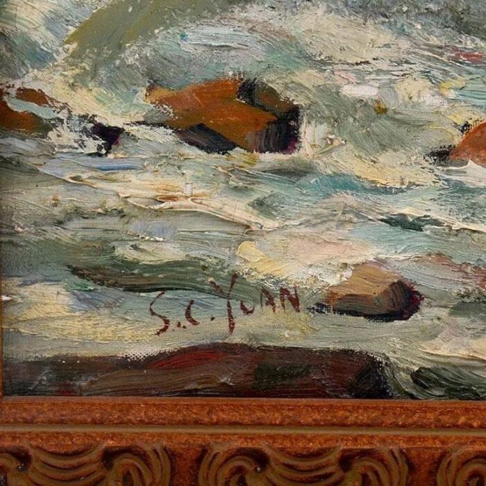 1950s s c yuan oil painting on board seascape with cypress framed 2368