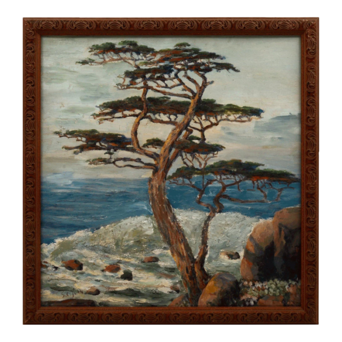 1950s s c yuan oil painting on board seascape with cypress framed 4503