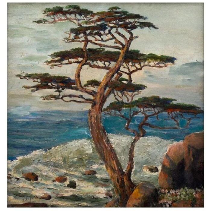 1950s s c yuan oil painting on board seascape with cypress framed 6122