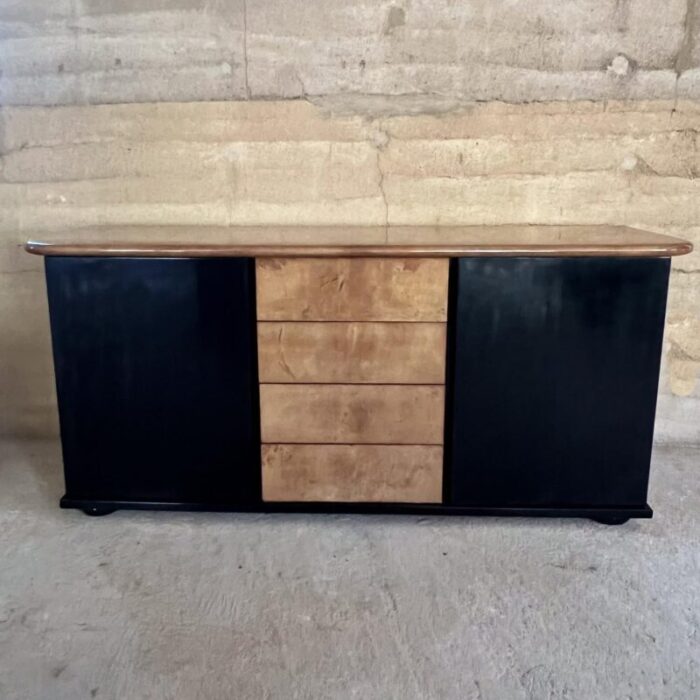 1950s style aldo tura goatskin black gloss sideboard credenza 6386