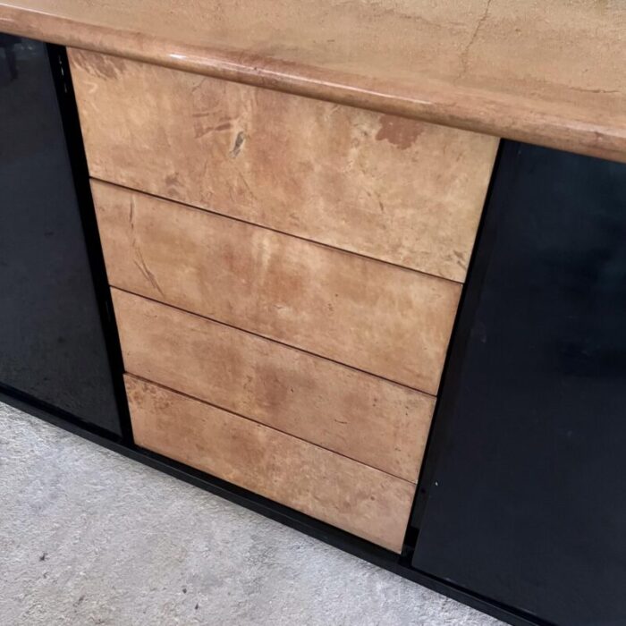 1950s style aldo tura goatskin black gloss sideboard credenza 7486