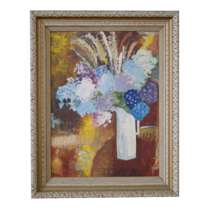 1959 abstract still life floral painting in antique frame 4082