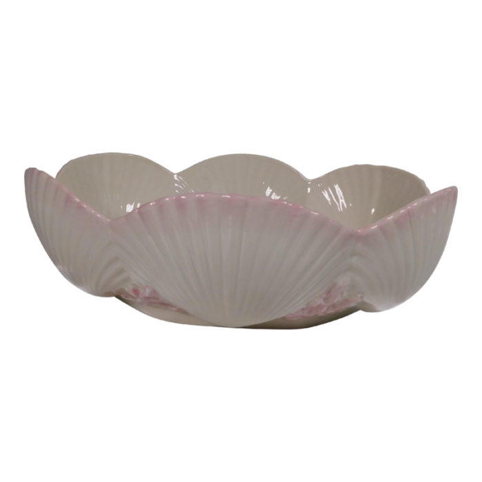 1960s belleek centerpiece bowl in new shell pink with pink coral accents 0302