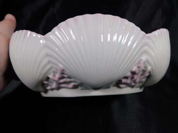 1960s belleek centerpiece bowl in new shell pink with pink coral accents 4394