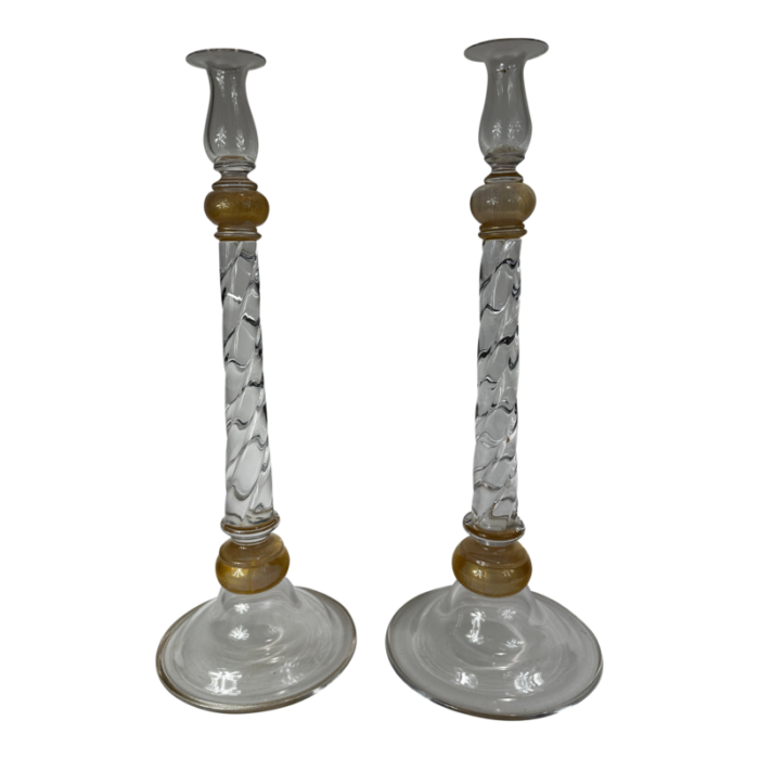 1960s crystal with gold accent murano candlesticks signed seguso a pair 1396