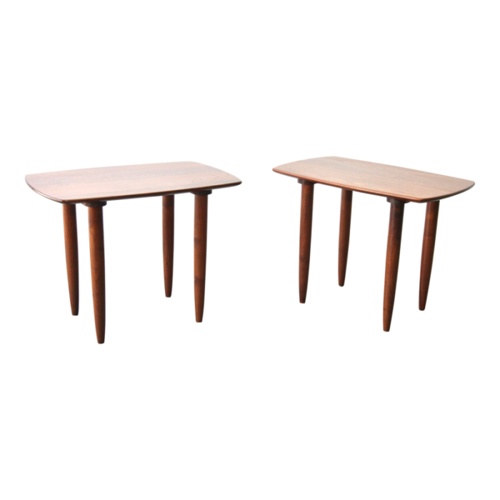 1960s pair of solid walnut danish modern ace side tables in the style of peter hivdit 4231