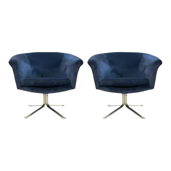 1970s pair blue velvet flat bar nicos zorophos swivel chairs with steel x base 2009