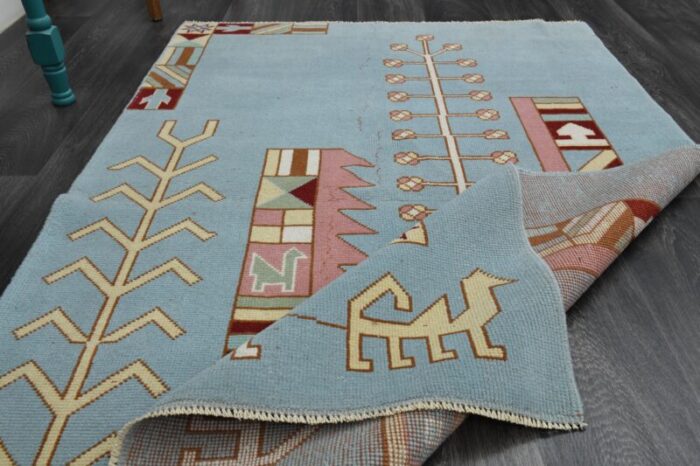 1970s vintage turkish handmade wool and cotton blue area rug 0494