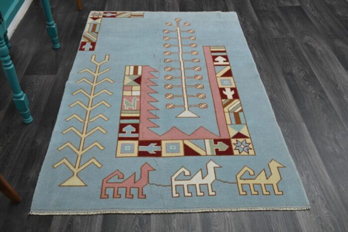 1970s vintage turkish handmade wool and cotton blue area rug 0930