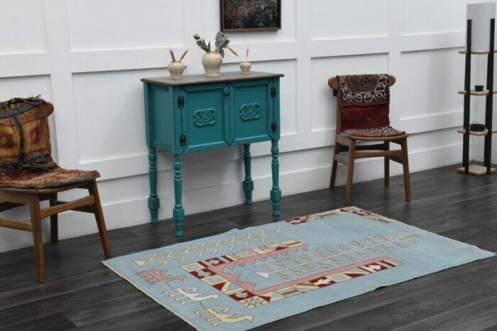 1970s vintage turkish handmade wool and cotton blue area rug 1786