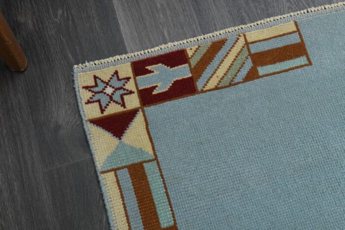 1970s vintage turkish handmade wool and cotton blue area rug 4094