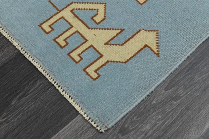 1970s vintage turkish handmade wool and cotton blue area rug 7242