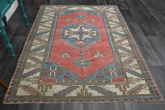 1970s vintage turkish handmade wool and cotton pink area rug 6116