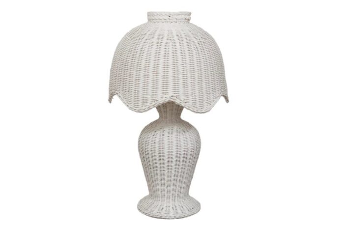 1970s white wicker scalloped table lamp 6759