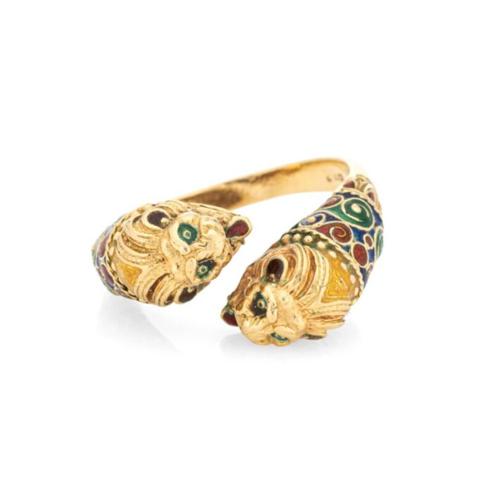 1980s double lion 18k yellow gold enamel eyes bypass band ring size 10 4471