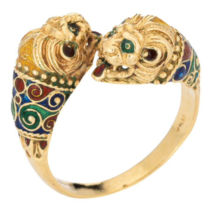 1980s double lion 18k yellow gold enamel eyes bypass band ring size 10 4540