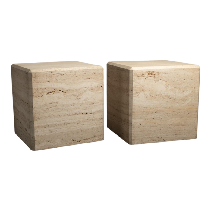 1980s travertine marble stone monumental x large cube side end tables a pair 3179