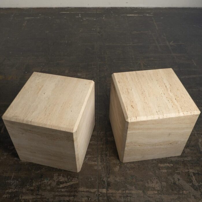 1980s travertine marble stone monumental x large cube side end tables a pair 5344