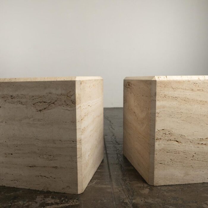 1980s travertine marble stone monumental x large cube side end tables a pair 9170