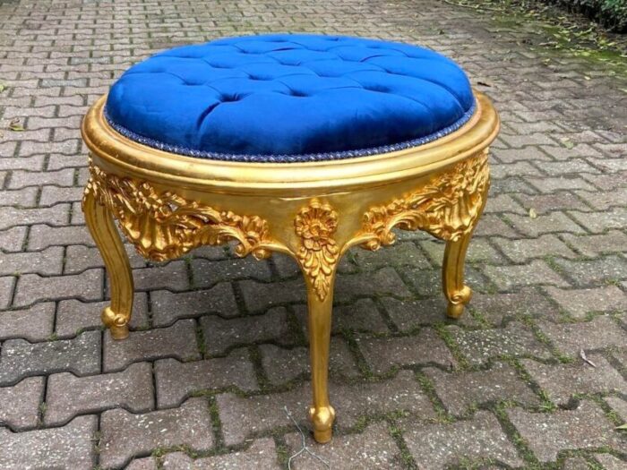 1990s italian baroque rococo gilded beech bed bench ottoman with royal blue tufted velvet 0169