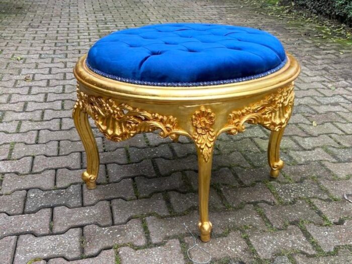 1990s italian baroque rococo gilded beech bed bench ottoman with royal blue tufted velvet 1598