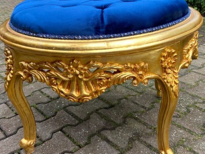 1990s italian baroque rococo gilded beech bed bench ottoman with royal blue tufted velvet 6164