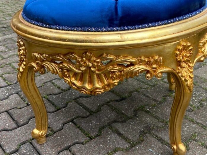 1990s italian baroque rococo gilded beech bed bench ottoman with royal blue tufted velvet 9596