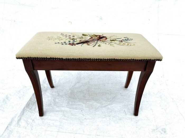 1990s mahogany piano bench with handmade needlepoint seat cover 0332