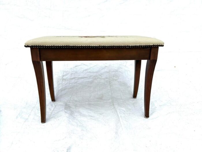 1990s mahogany piano bench with handmade needlepoint seat cover 8984