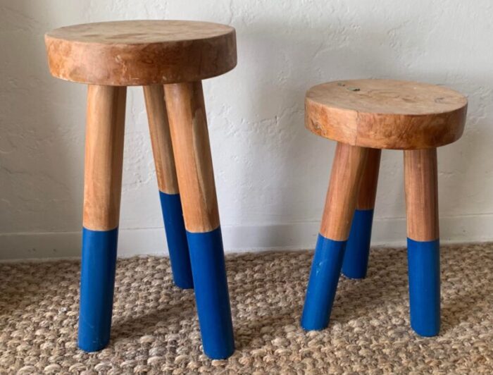 1990s vintage outlook international ltd low rustic wood stools set of 2 7274