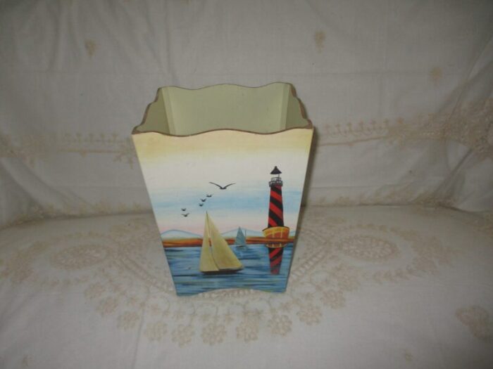 1990s vintage sailboat and lighthouse nautical design wood wastebaskettrash can 1771