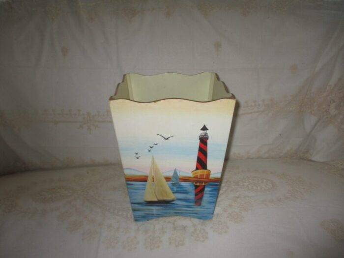 1990s vintage sailboat and lighthouse nautical design wood wastebaskettrash can 3420