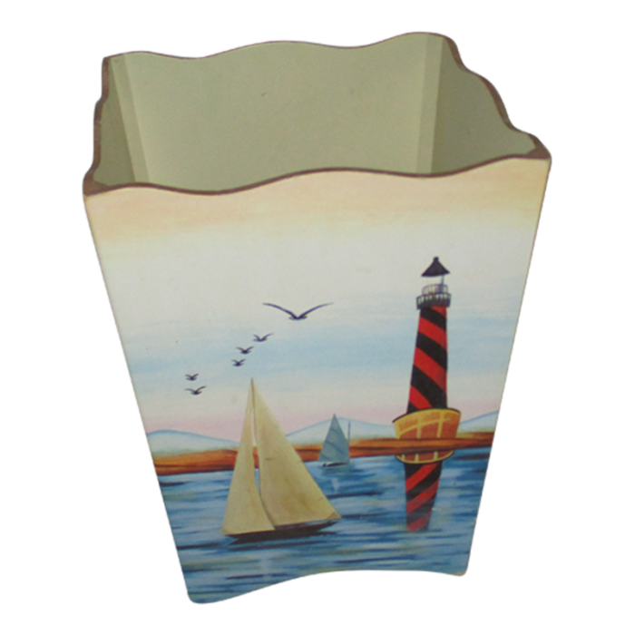 1990s vintage sailboat and lighthouse nautical design wood wastebaskettrash can 3901