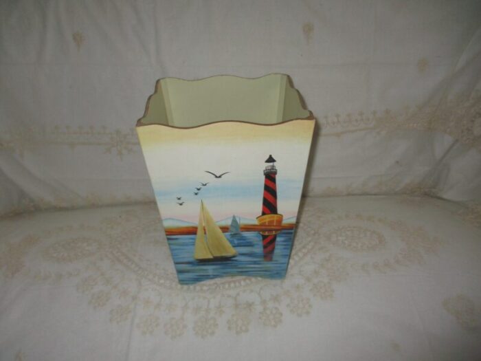 1990s vintage sailboat and lighthouse nautical design wood wastebaskettrash can 4227