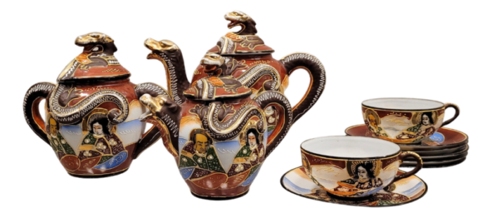 19th century tu y yo satsuma porcelain sest with dragon and wise men motif japan set of 7 9244