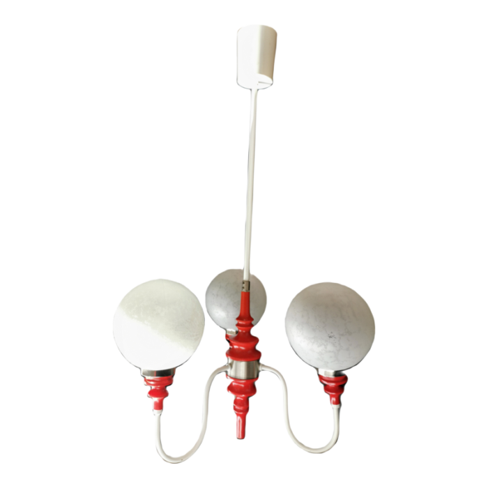 70s space age 3 arm red sputnik chandelier richard essig atomic lamp frosted glass and metal frame 0208