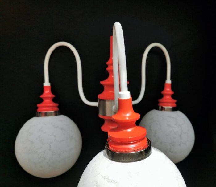 70s space age 3 arm red sputnik chandelier richard essig atomic lamp frosted glass and metal frame 7216