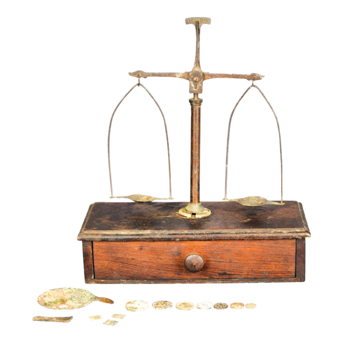 antique 1880 gold or apothecary balance scale with original weights pennyweight set 1800